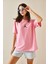Pembe Bisiklet Yaka Yazılı Oversize Tshirt 5YXK1-48702-20 5