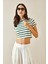 Yeşil Bisiklet Yaka Çizgili Crop T-Shirt 5YXK1-48698-08 3