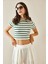Yeşil Bisiklet Yaka Çizgili Crop T-Shirt 5YXK1-48698-08 4
