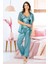 Saten Dantel Detaylı Sabahlık'lı 3 Lü Pijama Takım 4909 Mavi 1
