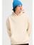 Kadın Bej Baskısız Kanguru Cepli Kapüşonlu 3 Iplik Şardonlu Sweatshirt 4