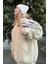 Kadın Bej Kanguru Cepli Kapüşonlu 3 Iplik Şardonlu Oversize Sweatshirt 3