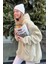 Kadın Bej Kanguru Cepli Kapüşonlu 3 Iplik Şardonlu Oversize Sweatshirt 4