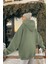 Kadın Haki Yeşil Kanguru Cepli Kapüşonlu 3 Iplik Şardonlu Oversize Sweatshirt 2