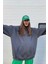 Kadın Füme Kanguru Cepli Kapüşonlu 3 Iplik Şardonlu Oversize Sweatshirt 2