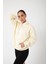 Bej Baskısız Kanguru Cepli Kapüşonlu 3 Iplikli Şardonlu Oversize Kadın Sweatshirt 4