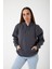 Füme Baskısız Kanguru Cepli Kapüşonlu 3 Iplikli Şardonlu Oversize Kadın Sweatshirt 1