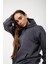 Füme Baskısız Kanguru Cepli Kapüşonlu 3 Iplikli Şardonlu Oversize Kadın Sweatshirt 3