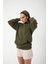 Haki Yeşil Baskısız Kanguru Cepli Kapüşonlu 3 Iplikli Şardonlu Oversize Kadın Sweatshirt 2