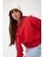 Kırmızı Baskısız Kanguru Cepli Kapüşonlu 3 Iplikli Şardonlu Oversize Kadın Sweatshirt 1