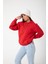 Kırmızı Baskısız Kanguru Cepli Kapüşonlu 3 Iplikli Şardonlu Oversize Kadın Sweatshirt 2