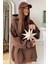 Kadın Kahverengi Kanguru Cepli Kapüşonlu 3 Iplik Şardonlu Oversize Sweatshirt 1
