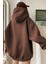Kadın Kahverengi Kanguru Cepli Kapüşonlu 3 Iplik Şardonlu Oversize Sweatshirt 2
