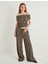 Leopar Desenli Bluz Kısa Kollu Kayık Yaka Drapeli Slim Fit 2
