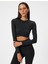 Crop Spor Tişört Slim Fit Bisiklet Yaka Katlı Uzun Kollu 3