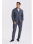 Lacivert Slim Fit Apaş Yaka Keten Karışımlı Çift Yırtmaçlı Çizgili Takım Elbise 1