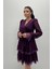 Sifon Kumaş Kruvaze Yaka Mini Elbise - Patlıcan Mor 4