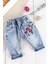 Çilek Nakışlı Denim Kumaşlı Beli Lastikli Kız Bebek Kot Pantolon 2