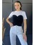 Kadın Siyah-Beyaz Renk Sandy Karnili Dar Kalıp Crop Tişört T-Shirt 1