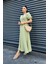Keten Kumaş Kruvaze Yaka Midi Elbise - Yeşil 3