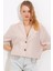 Kadın Krem Çift Düğmeli Oversize Crop Keten Ceket 0706 1