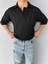 Yarım Pat Gömlek Yaka Desenli Oversize Triko T-Shirt Siyah 4