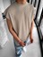 Oversize Fitilli Kolsuz T-Shirt Bej 1