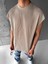 Oversize Fitilli Kolsuz T-Shirt Bej 2