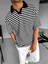 Oversize Yarım Pat Polo Yaka Çizgili T-Shirt Beyaz - Siyah 3