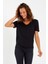 Kadın Modal Kumaş V Yaka Parçalı T-Shirt Siyah 2