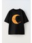 Unisex The Cat And The Moon Tasarım Baskılı Pamuk Sıyah Oversize T-Shirt 1