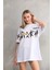 Unisex Bisiklet Yaka Baskılı Oversize T-Shirt - Beyaz 2