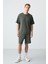 Haki Pamuklu Kalın Yumuşak Dokulu Oversize Fit Basic Erkek Şort Takım - 85257 1