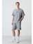 Gri Melanj Pamuklu Kalın Yumuşak Dokulu Oversize Fit Basic Erkek Şort Takım - 85259 1