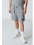 Gri Melanj Pamuklu Kalın Yumuşak Dokulu Oversize Fit Basic Erkek Şort Takım - 85259 2