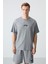 Gri Melanj Pamuklu Kalın Yumuşak Dokulu Oversize Fit Basic Erkek Şort Takım - 85259 3