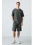 Haki Pamuklu Kalın Yumuşak Dokulu Oversize Fit Basic Erkek Şort Takım - 85259 4