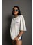 Unisex Bisiklet Yaka Baskılı Oversize T-Shirt - Beyaz 2