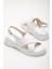 Kadın Beyaz Bilekten Bağlamalı Çapraz Bantlı Poli Yüksek Taban Sandalet 4