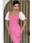 Vintage Stil Balon Kol Uzun Elbise - Pembe/beyaz 2