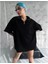 Yarım Fermuarlı Düz Oversize T-Shirt - Siyah 1