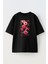 Unisex Siyah Oversize Pamuk Pembe Kırmızı Çiçek Resim Baskılı Örme T-Shirt 1