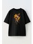 Unisex Siyah Oversize Pamuk Turuncu Yapraklı Çiçek Kadın Baskılı Örme T-Shirt 1