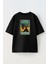 Unisex Siyah Oversize Pamuk Siyah Gitar Çalan Kedi Baskılı Örme T-Shirt 1