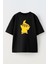 Unisex Siyah Oversize Pamuk Gözlüklü Pikachu Baskılı Örme T-Shirt 1