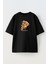 Unisex Siyah Oversize Pamuk Pizza Dilim Desen Baskılı Örme T-Shirt 1