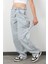 Bol Paça Kadın Kot Pantolon %100 Pamuk Yan Kemer Detaylı Baggy Buz Mavi Jean - 1683-126 4
