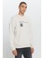 Harvard Lisanslı 3 İplik Pamuklu Oversize Fit Bol Kesim Erkek Açık Bej Bisiklet Yaka Sweatshirt 3