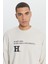 Harvard Lisanslı 3 İplik Pamuklu Oversize Fit Bol Kesim Erkek Açık Bej Bisiklet Yaka Sweatshirt 4