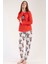 Kadın Kırmızı Uzun Kollu Yuvarlak Yaka Oval Etek Pamuklu Pijama Takımı Tam Kalıp 2